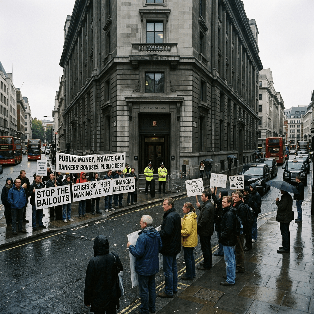 Group of protesters holding signs outside Bank of England building