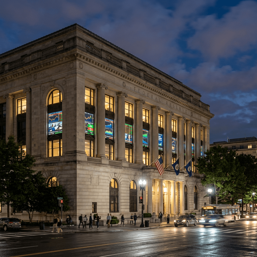 Federal Reserve building at night with illuminated windows showing financial market data screens
