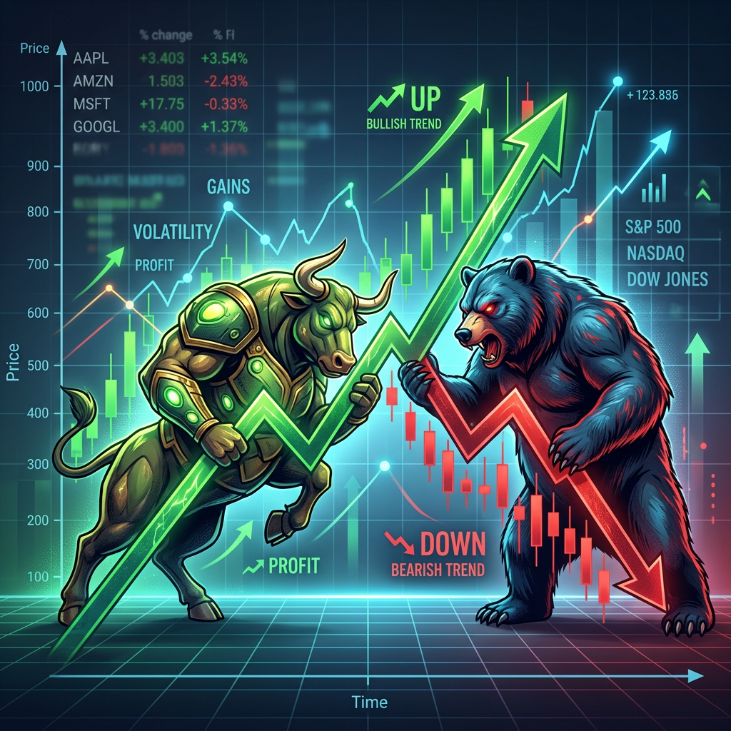 Illustration of a bull representing a bullish upward market trend and a bear representing a bearish downward market trend with stock charts and prices.