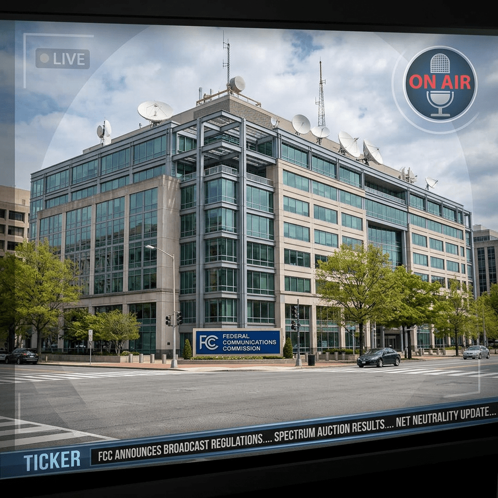 Federal Communications Commission office building with satellite dishes and live broadcast overlay