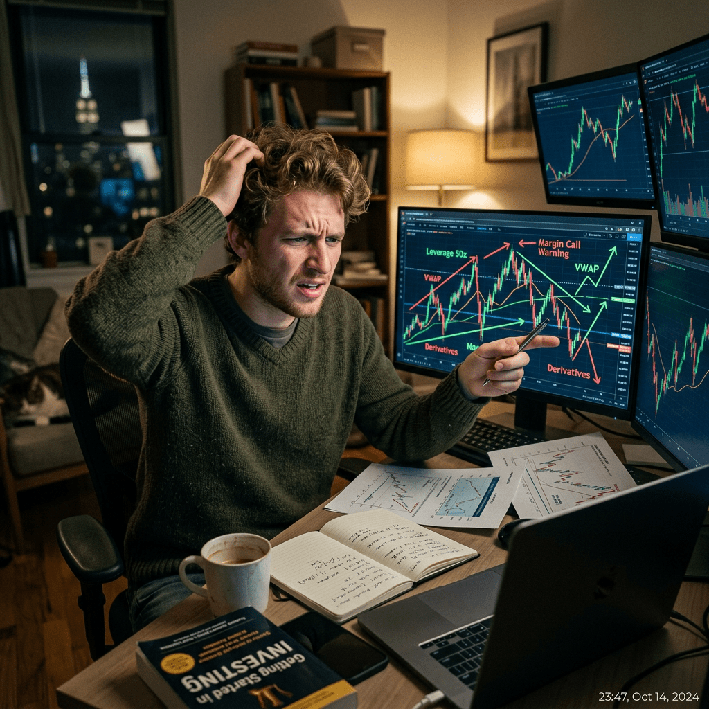 Young man confused by market charts and financial data on multiple computer screens at a desk