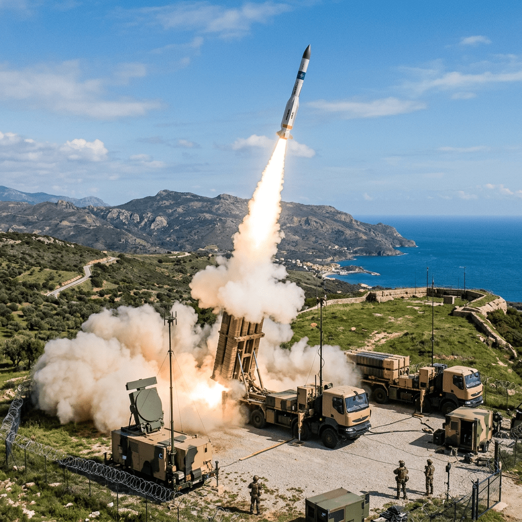 Missile being launched from coastal military vehicles near sea and mountains