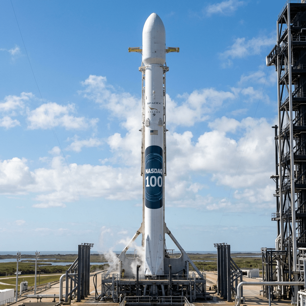 SpaceX Falcon 9 rocket standing vertically on launch pad with NASDAQ 100 logo