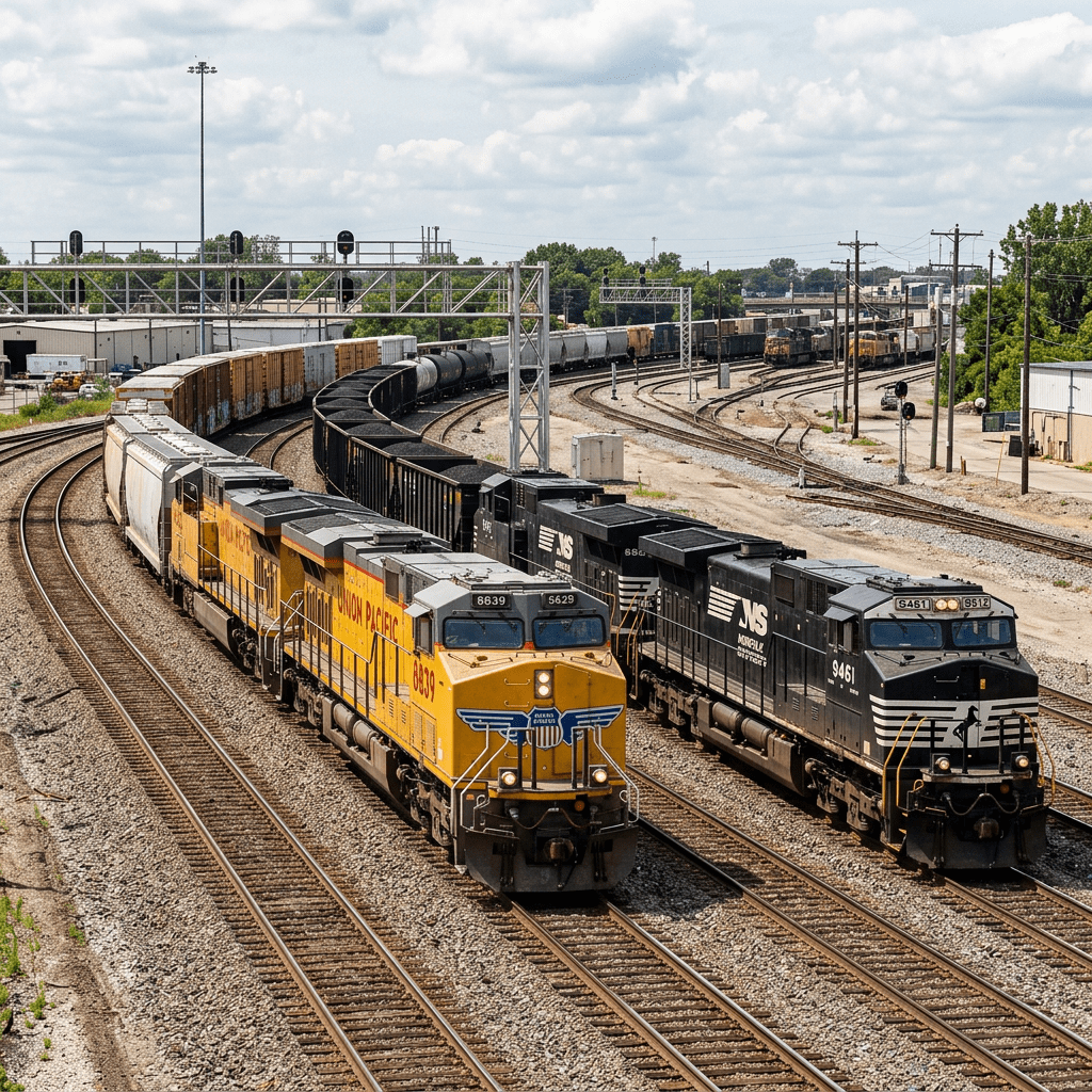 Freight trains on parallel curved railroad tracks with cargo cars