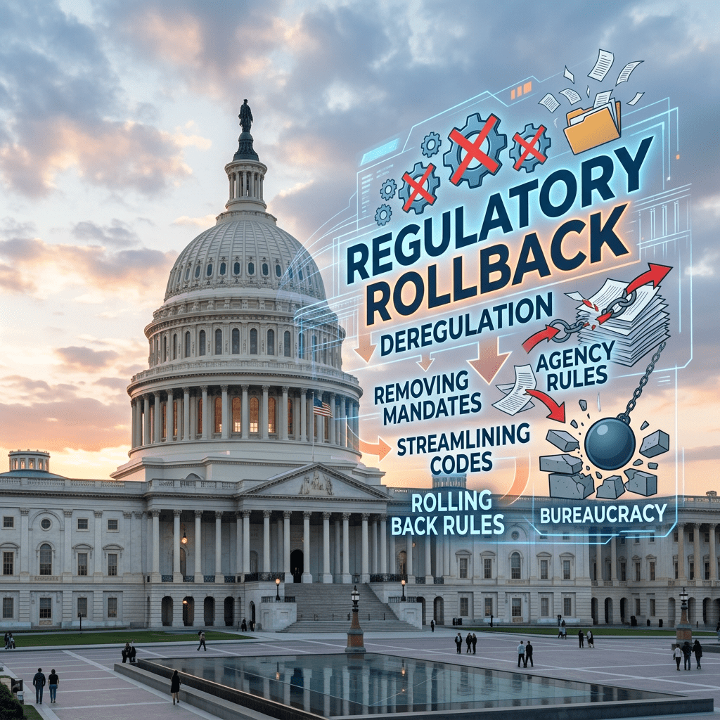 U.S. Capitol building with digital overlay about regulatory rollback including deregulation, removing mandates, agency rules, streamlining codes, and bureaucracy