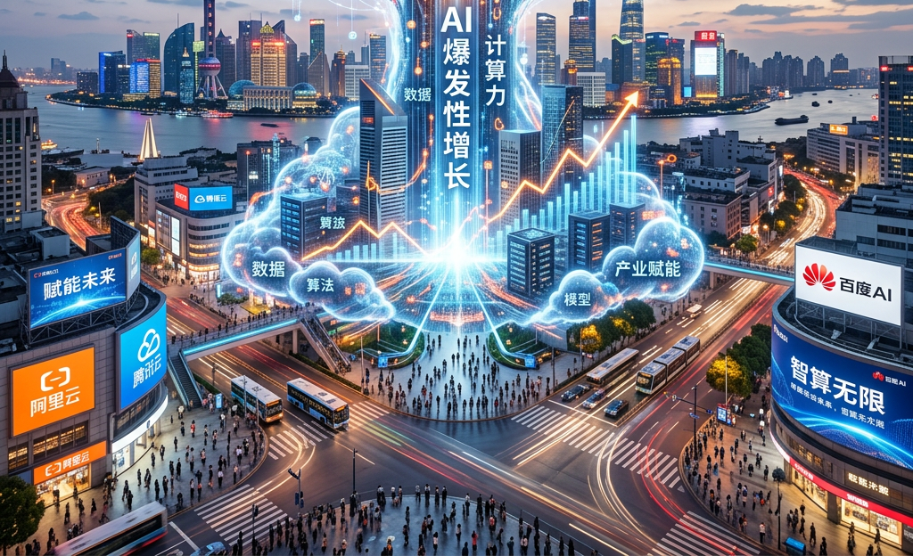 Futuristic digital cloud and AI network overlay above Chinese city skyline with glowing data graphics and charts