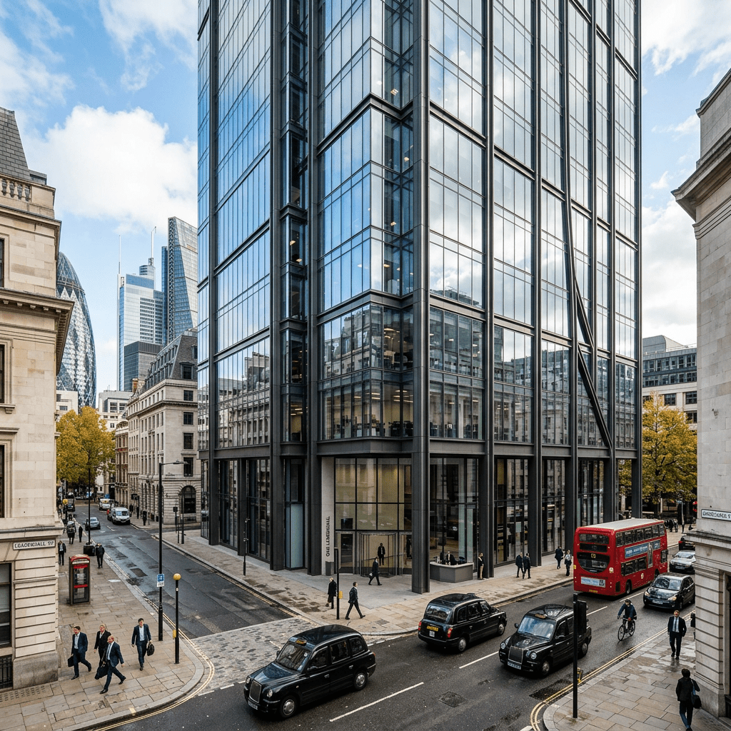 London street with tall glass office building, black cabs, red double-decker bus, pedestrians