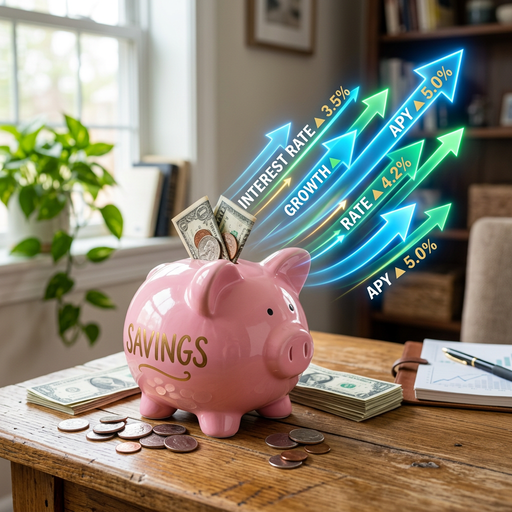 Pink piggy bank labeled savings with money and financial growth arrows