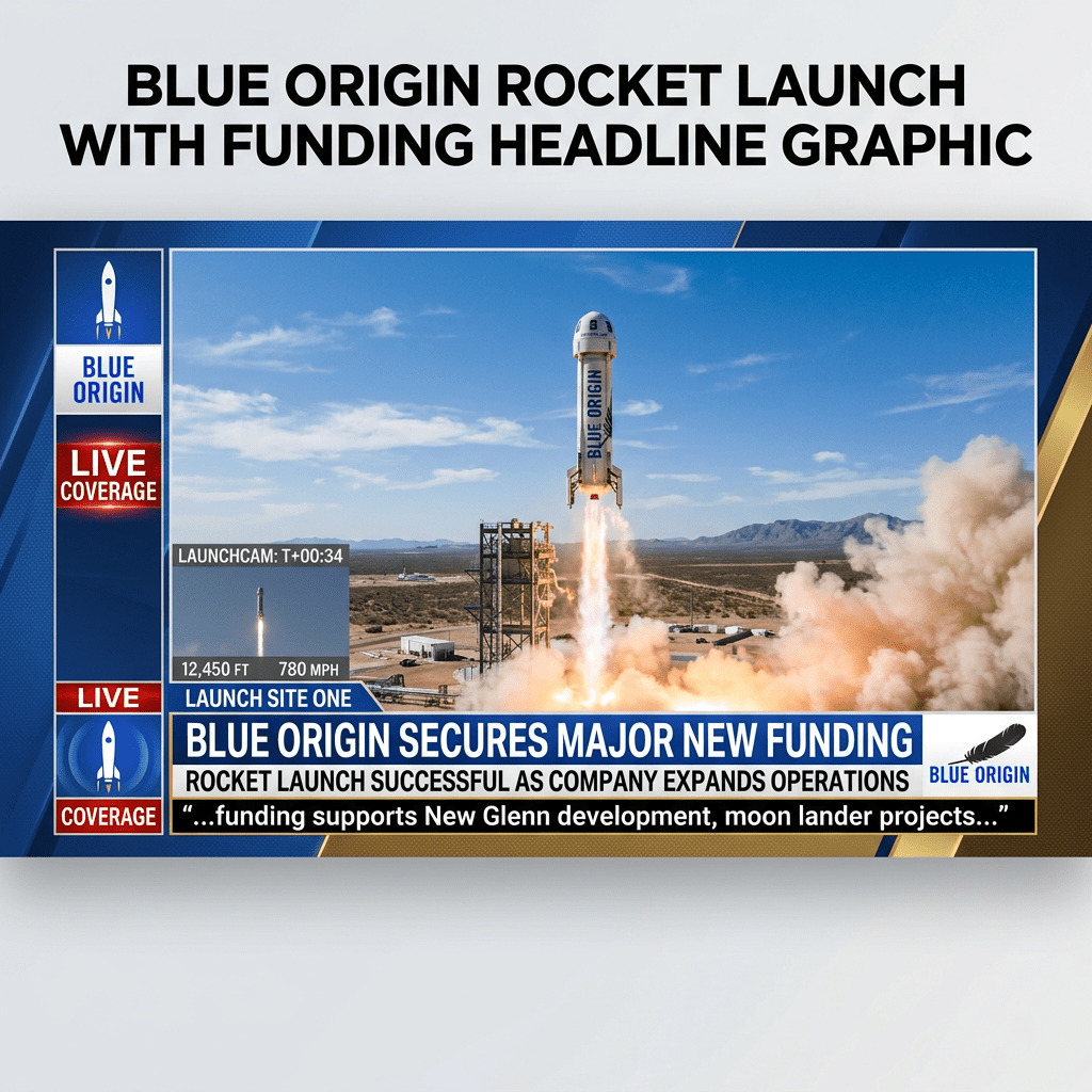 Blue Origin rocket lifting off with funding headline and live coverage text