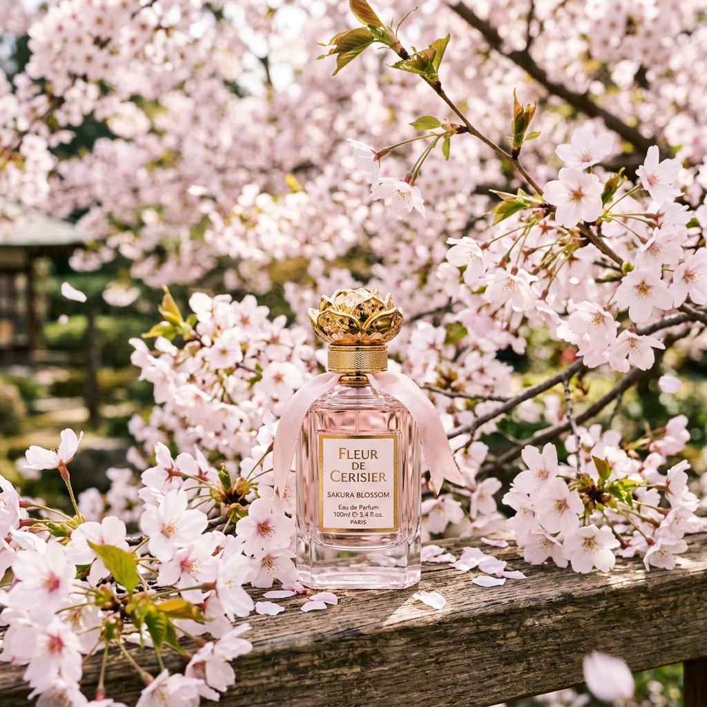 Bottle of Fleur de Cerisier Sakura Blossom perfume surrounded by cherry blossom flowers