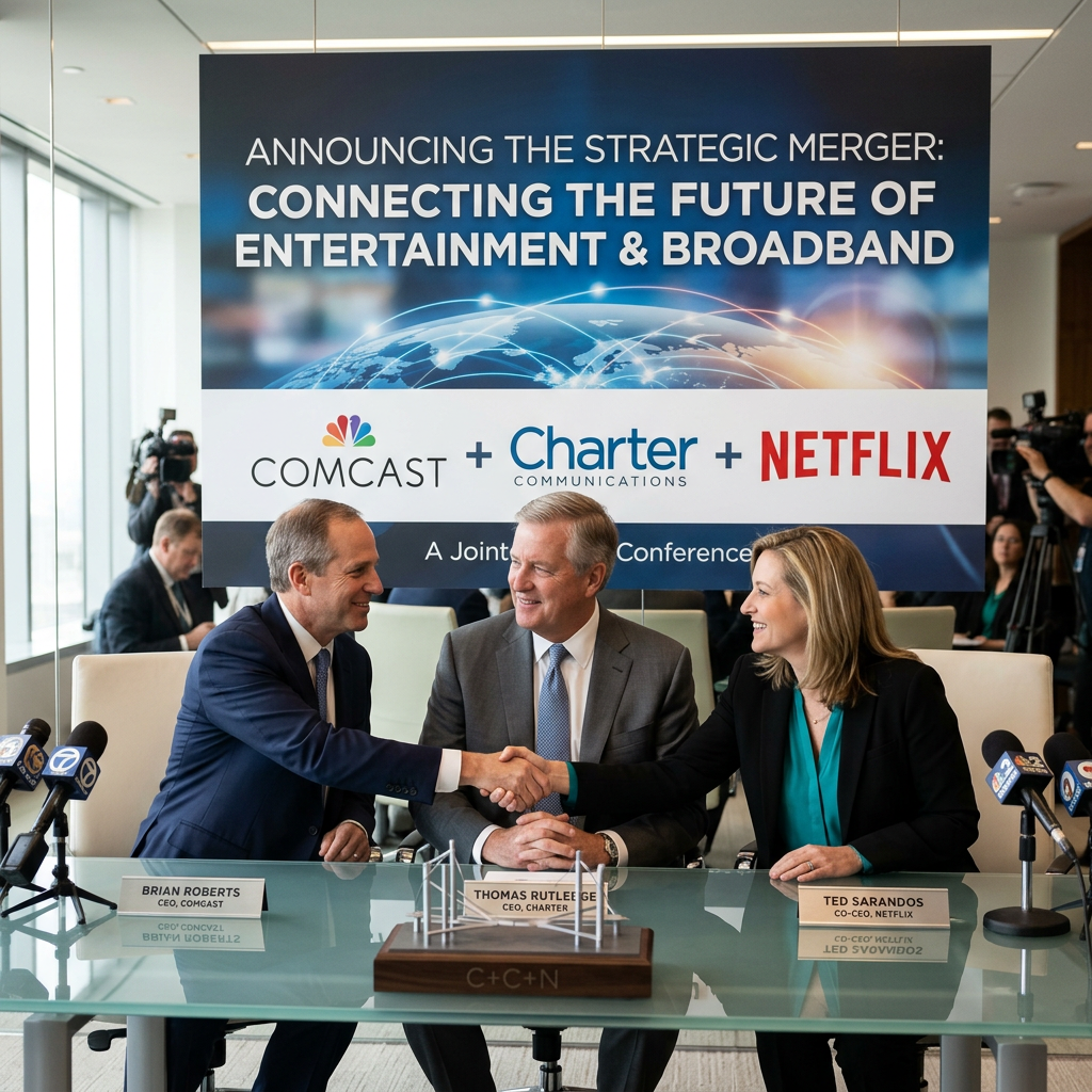 Executives Brian Roberts, Thomas Rutledge, and Ted Sarandos shaking hands at a merger announcement event