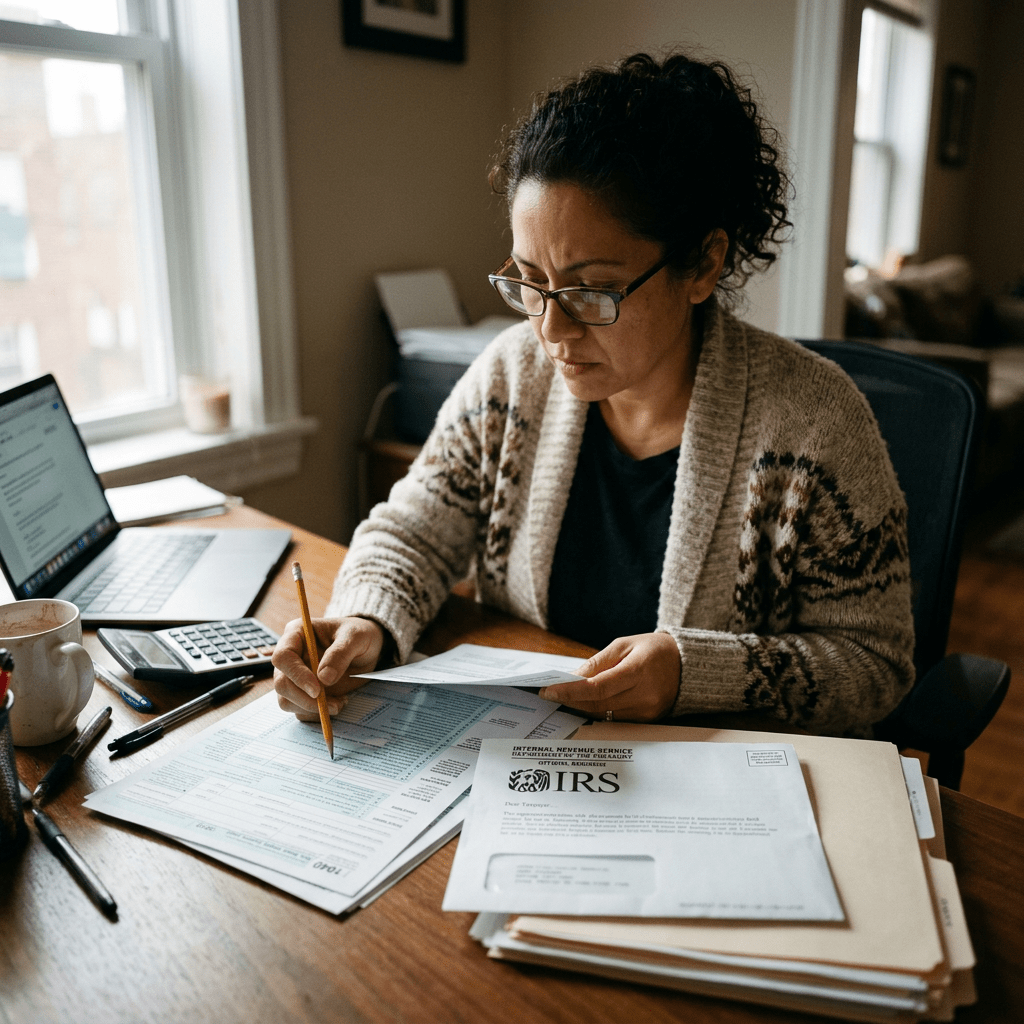 Woman completing IRS tax forms at desk with laptop and calculator