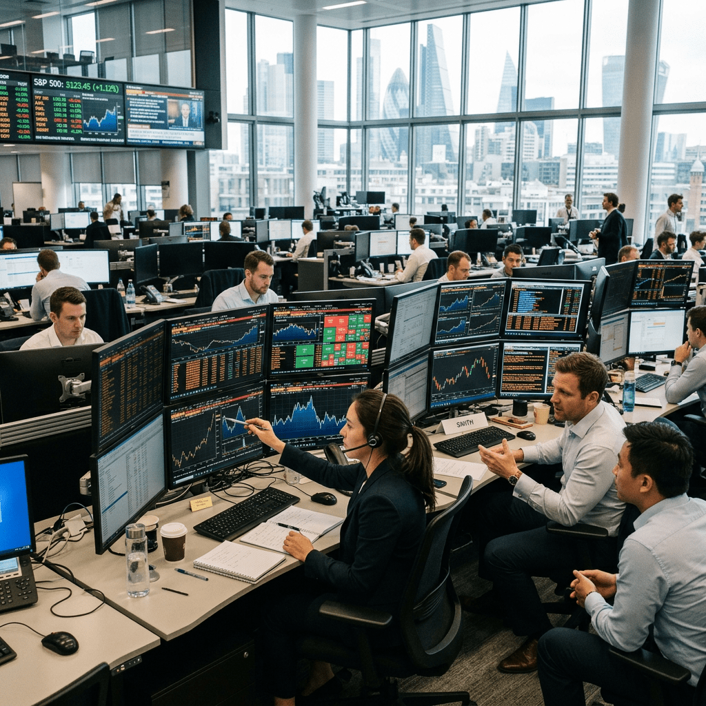 Group of traders working at desks with multiple monitors displaying financial charts and data