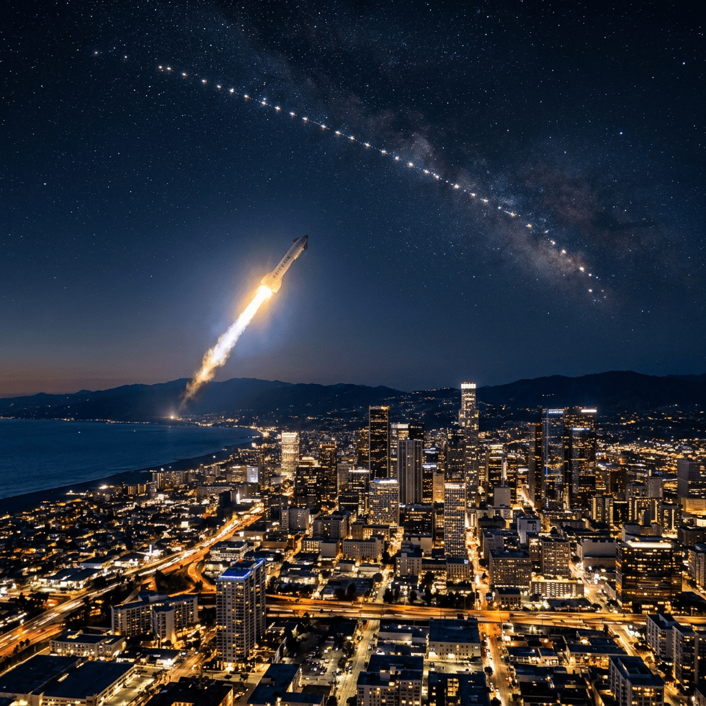 Rocket launching above a brightly lit city skyline at night with stars and a dotted path in the sky
