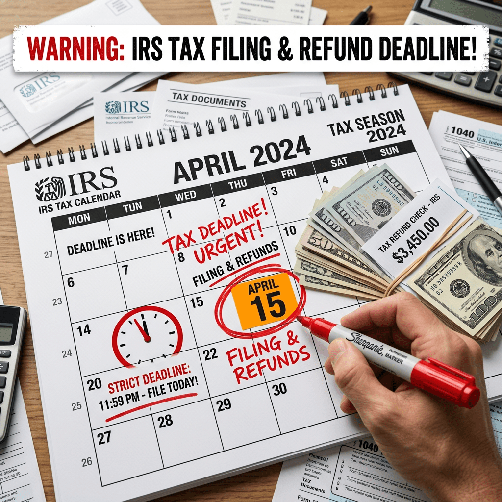 April 2024 IRS tax calendar with April 15 deadline circled, tax refund check, and tax documents