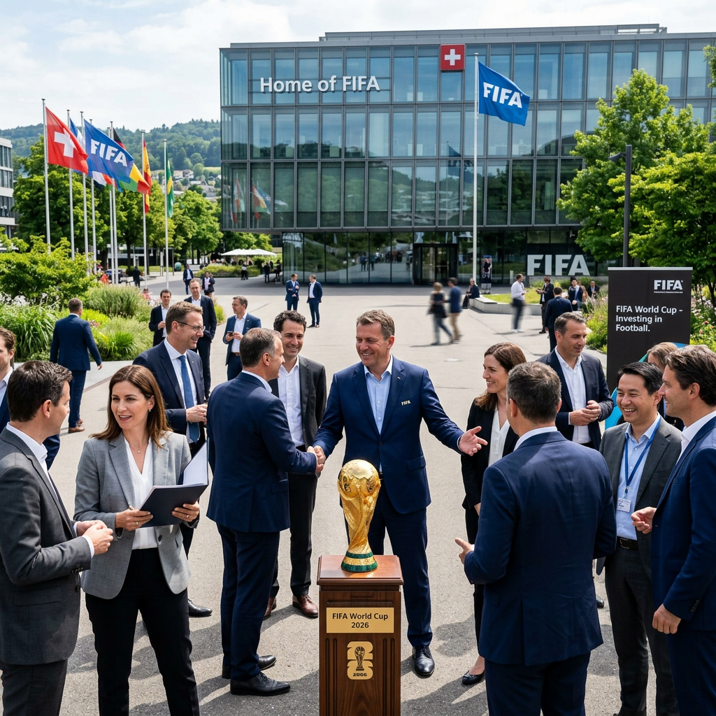 Group of FIFA officials around 2026 World Cup trophy outside FIFA headquarters