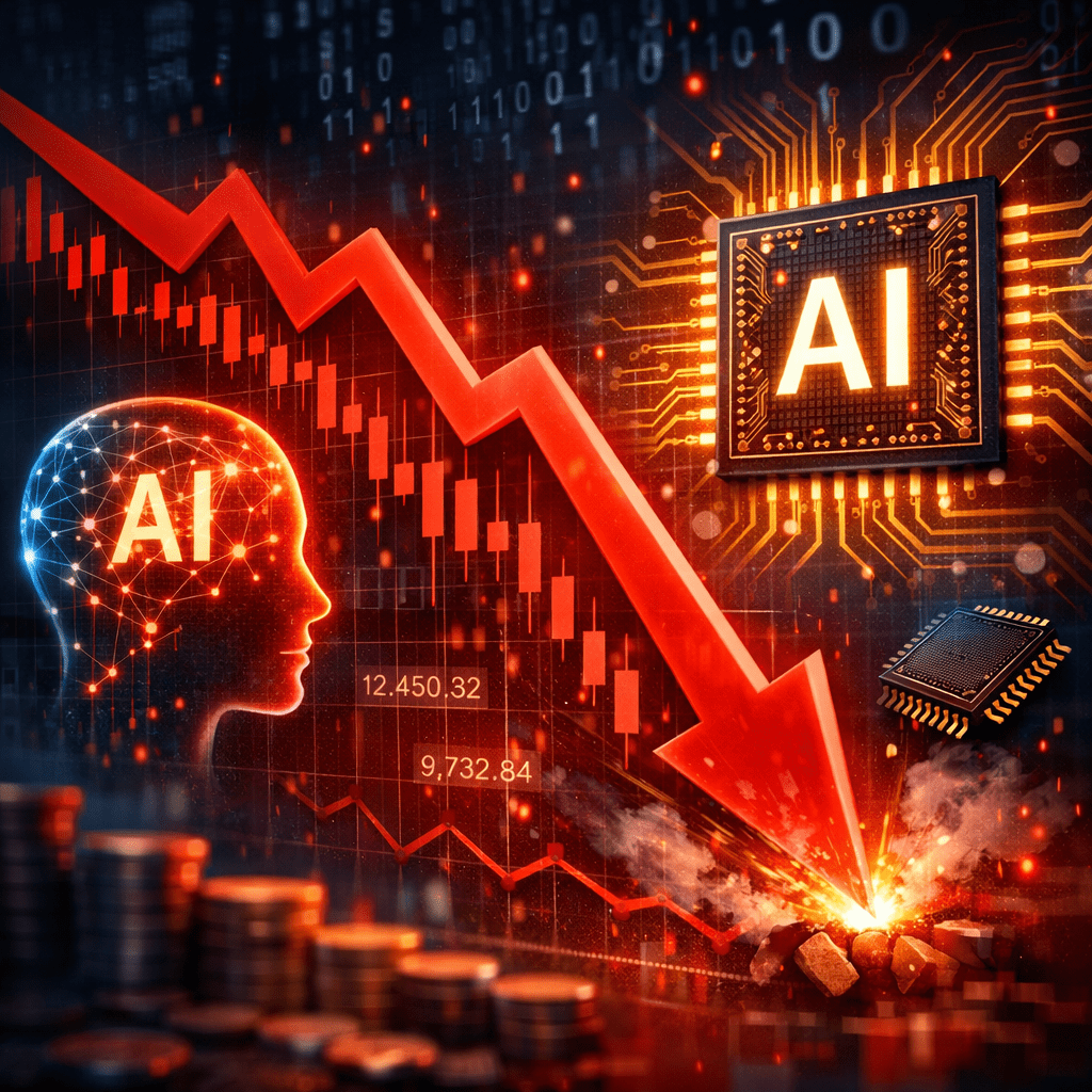 Red downward arrow breaking through surface with AI human head and AI chip symbols