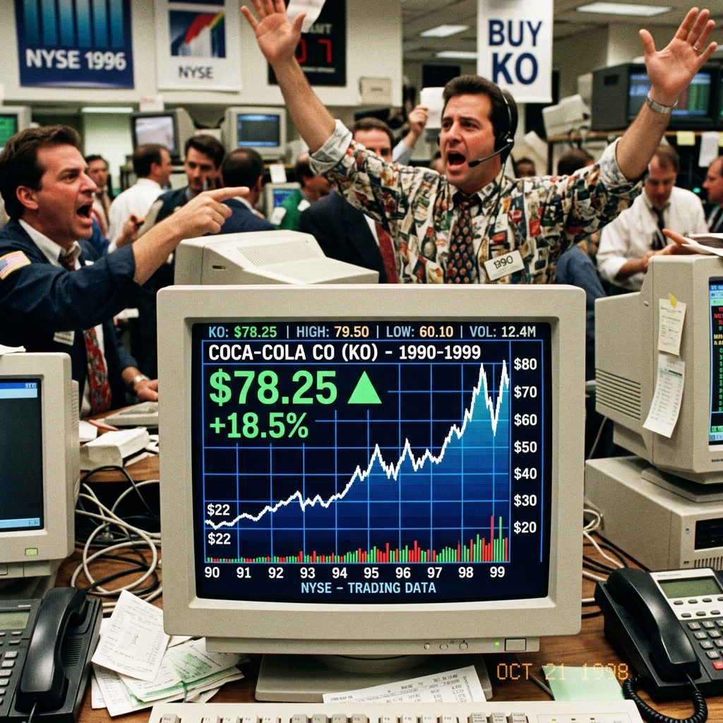 Stock traders reacting to Coca-Cola price rise displayed on CRT monitor