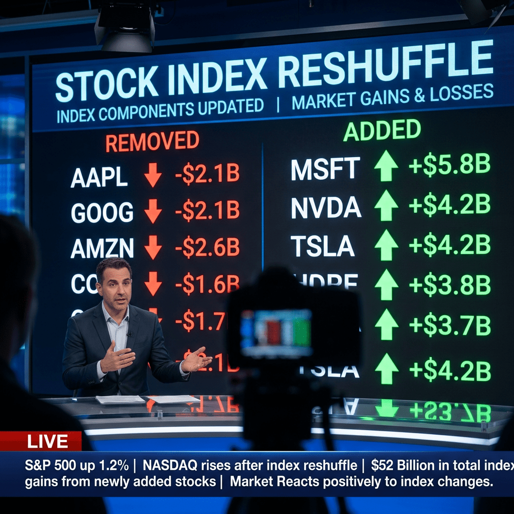 Stock index reshuffle details showing removed and added stocks with associated market value changes