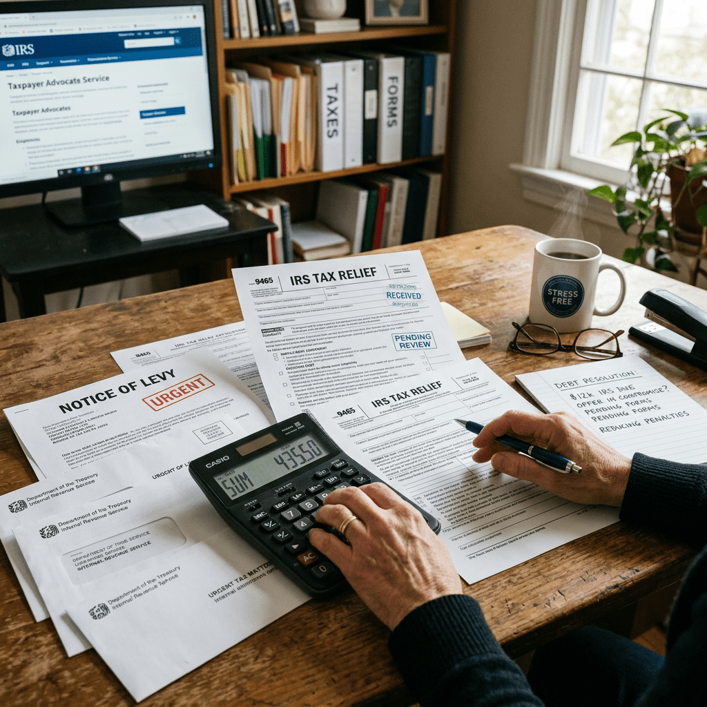 Hands using calculator and pen to review IRS tax relief and levy documents on wooden desk