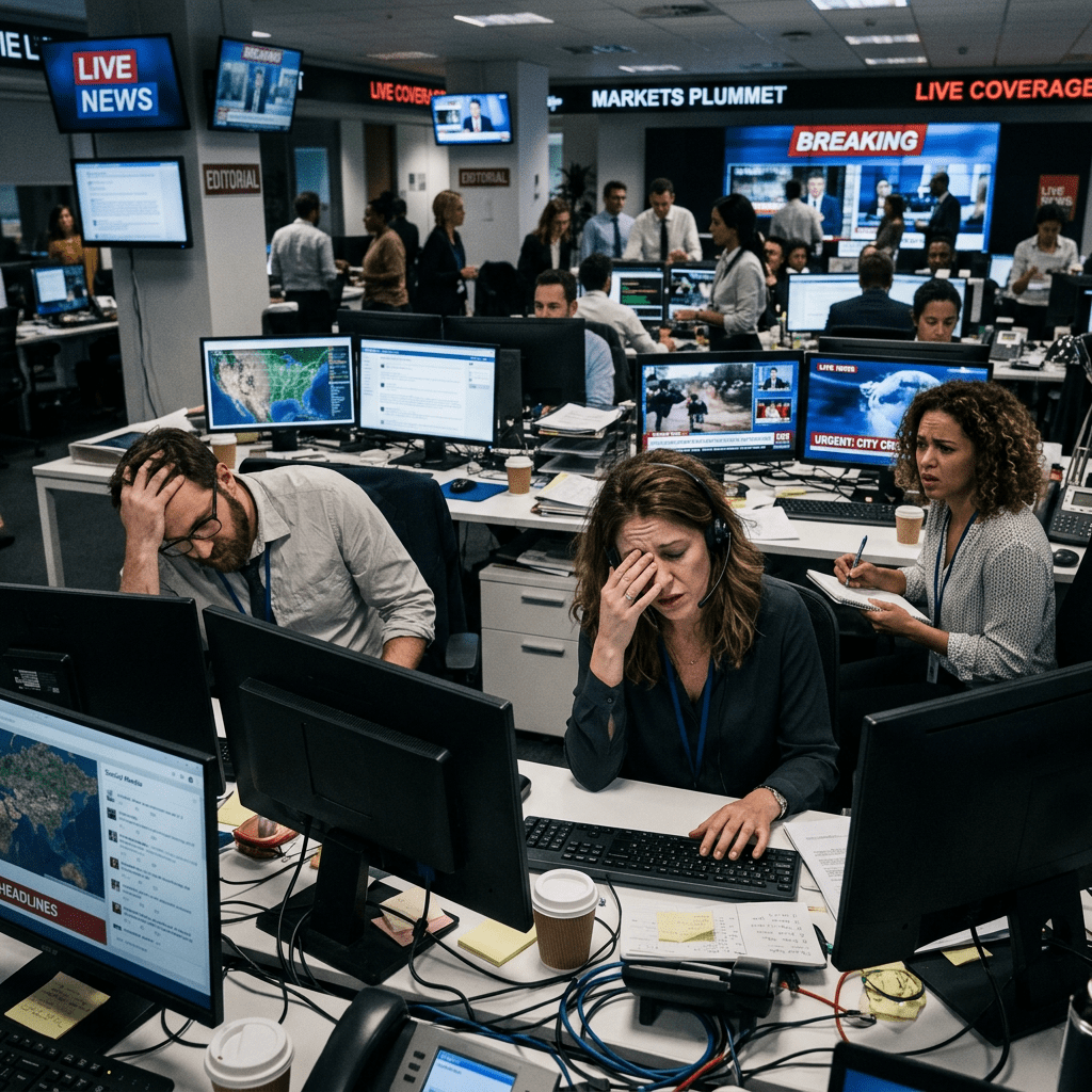 Newsroom staff looking stressed while covering breaking news with multiple screens displaying urgent headlines