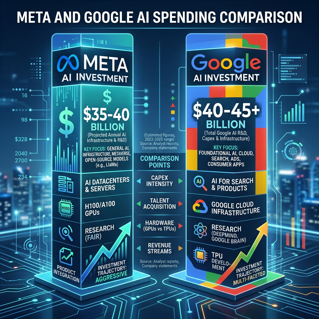 Comparison of Meta and Google AI investment amounts and key focus areas