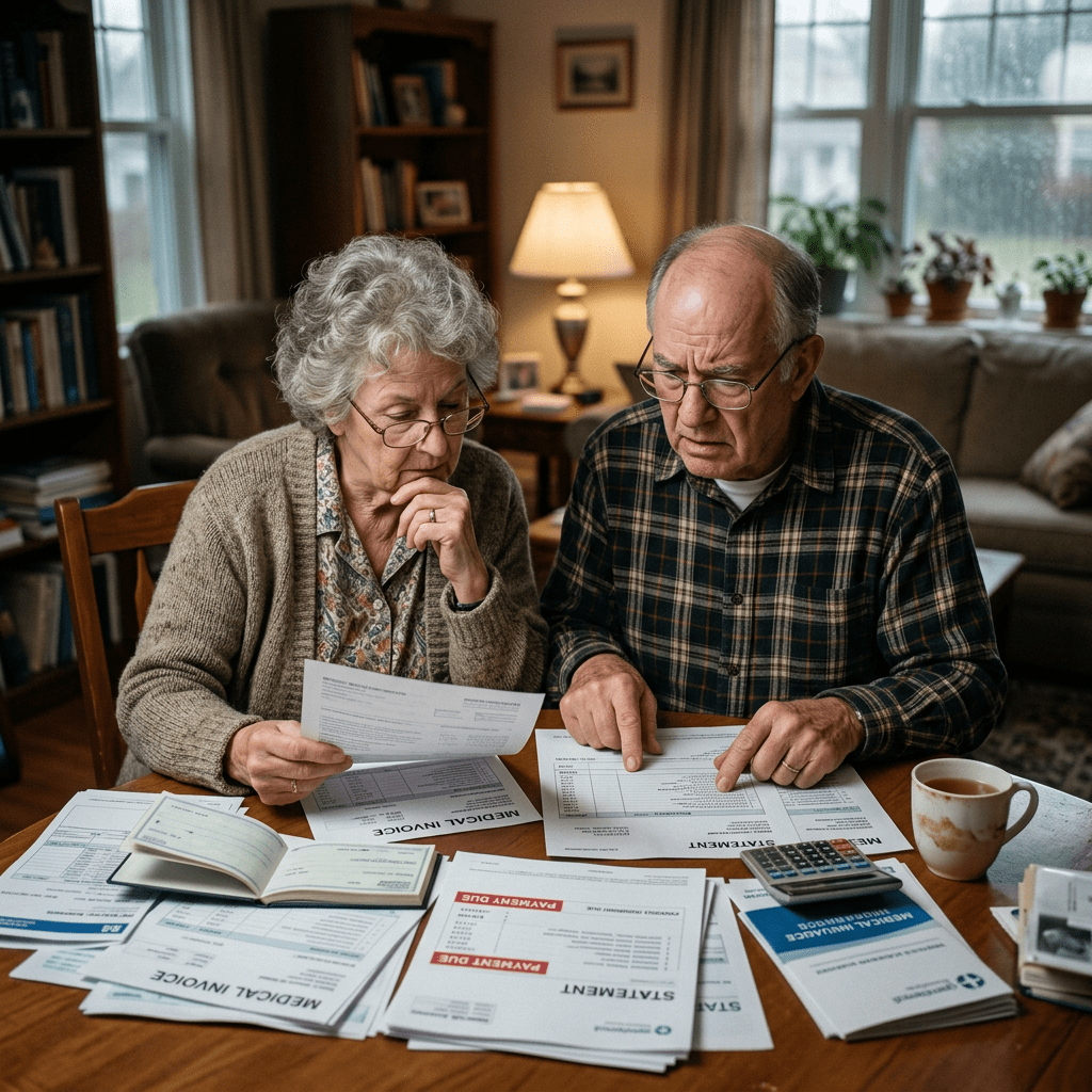 Elderly couple examining medical invoices and payment statements at a table