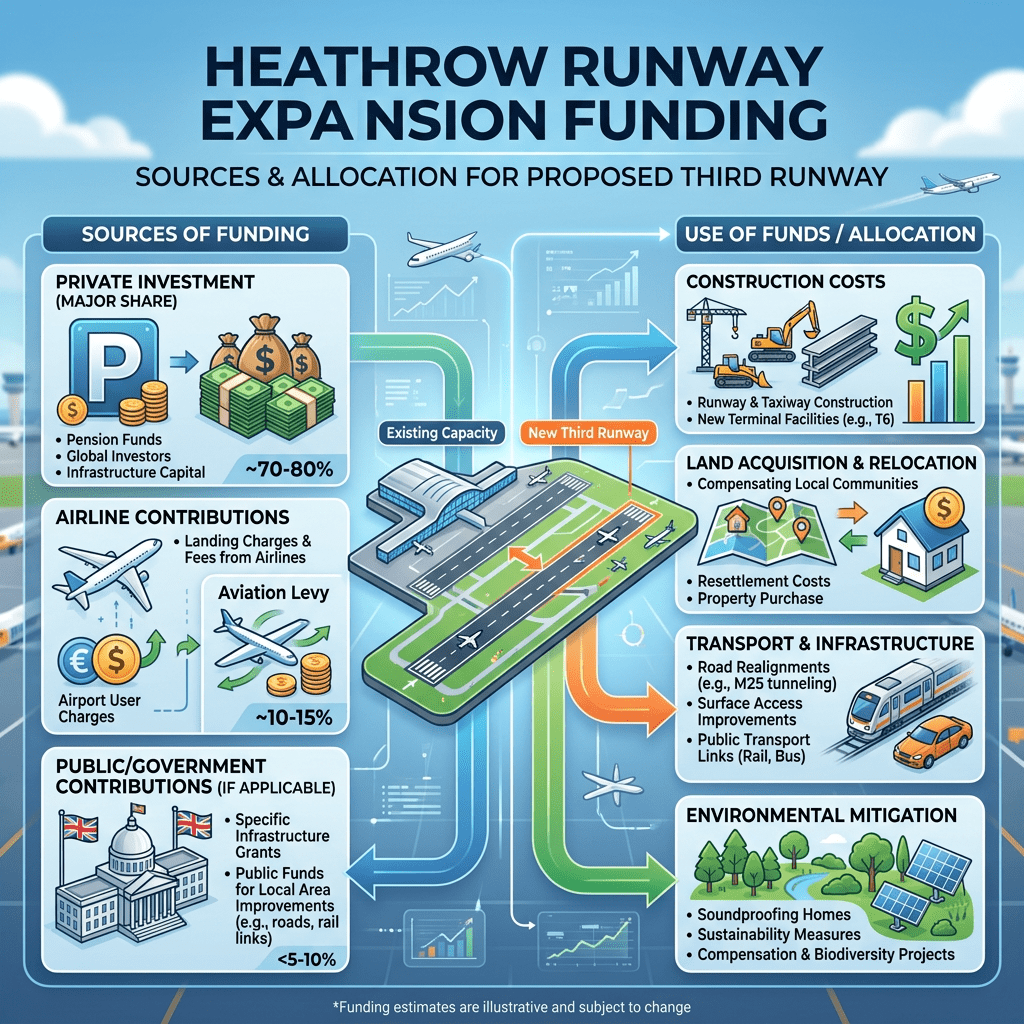 Infographic showing sources of funding and use of funds for Heathrow Airport's third runway expansion