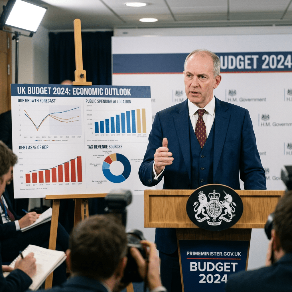 UK Prime Minister at podium with budget charts