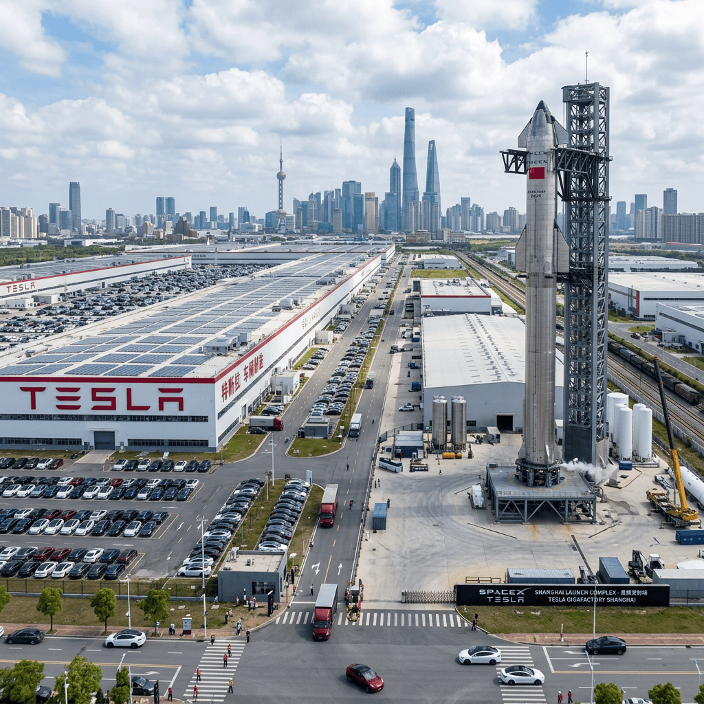 SpaceX rocket at Tesla Shanghai Gigafactory with Shanghai skyline