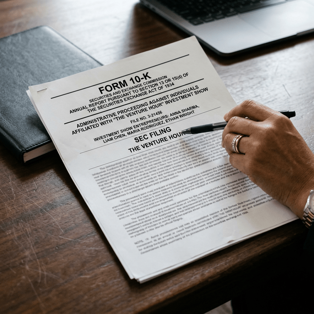 Hand holding pen over SEC Form 10-K investment show filing