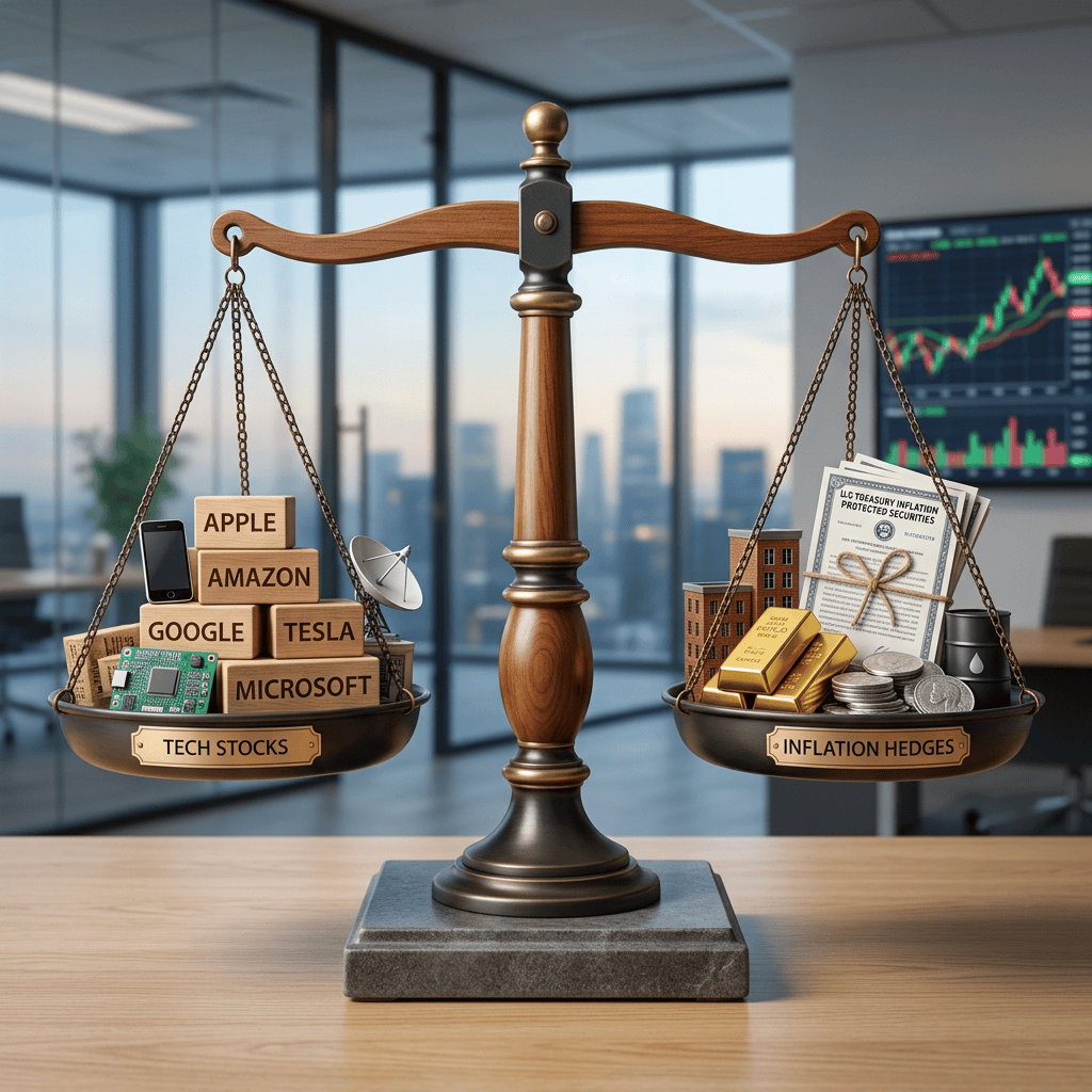 Scale weighing tech stocks including Apple, Amazon, Google, Tesla, Microsoft blocks and chips against inflation hedges like gold bars, coins, real estate models, and treasury securities.