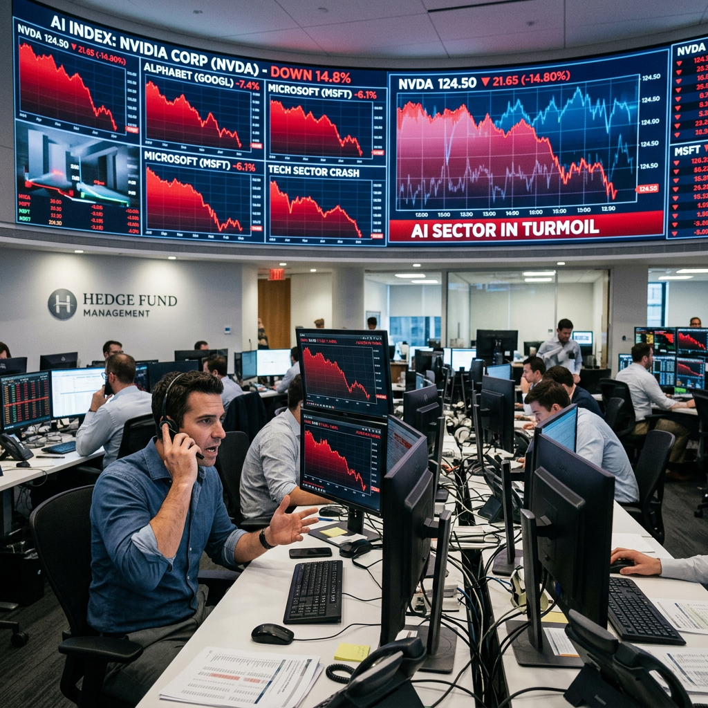 Traders at hedge fund working with multiple screens showing falling stock charts for AI companies