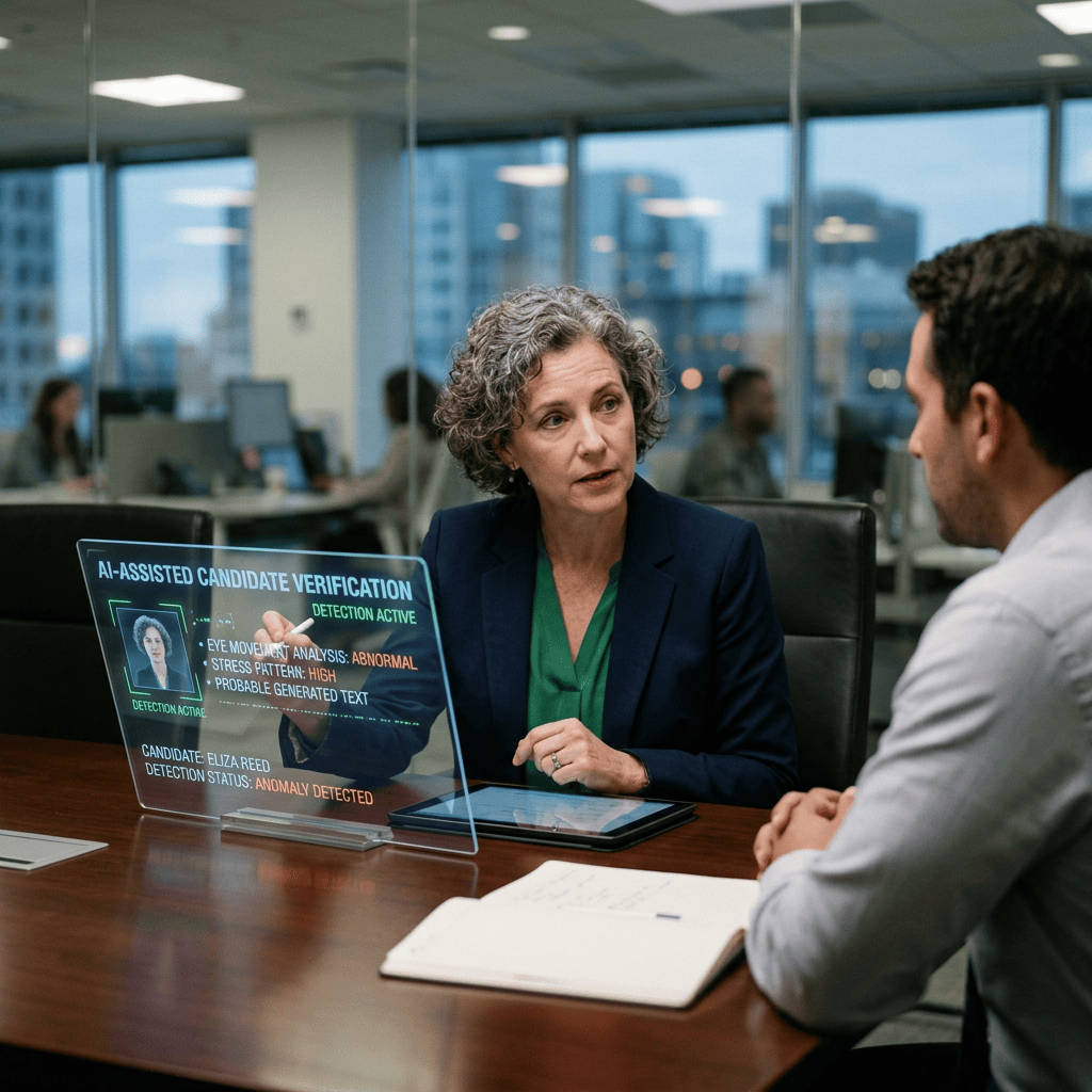 Recruiter reviewing AI-assisted candidate verification report during an interview
