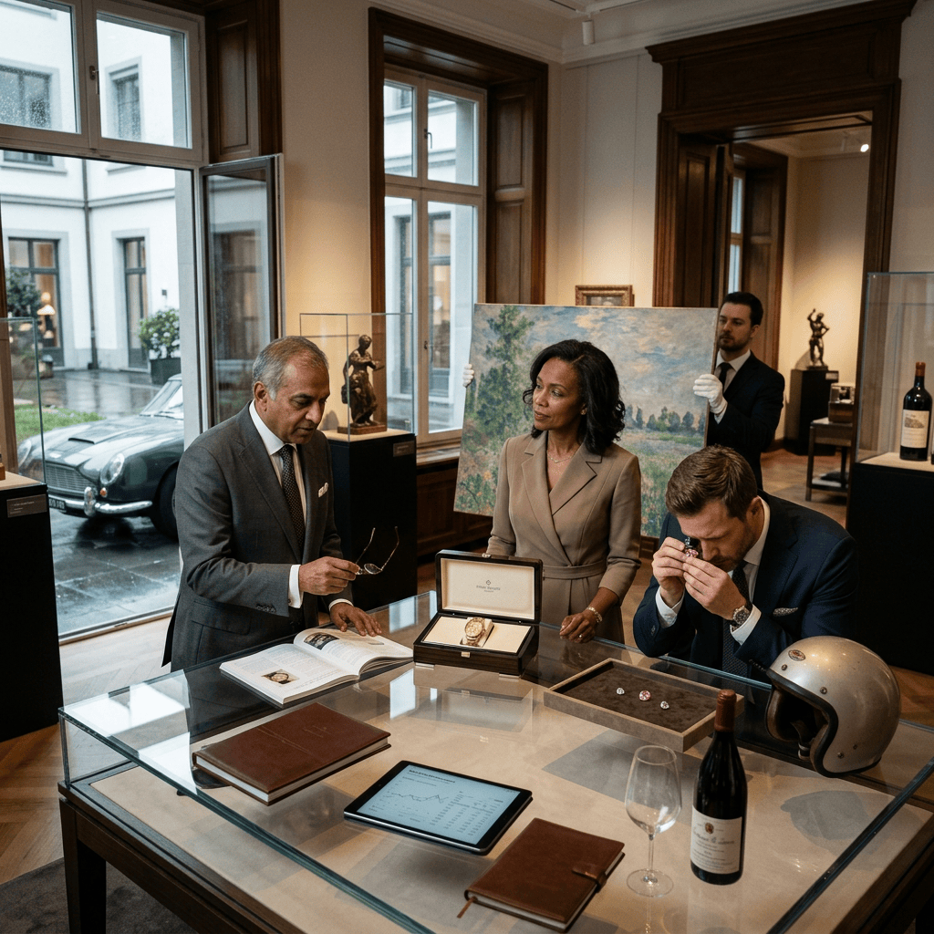 Group examining art painting, jewelry, and watch in elegant room