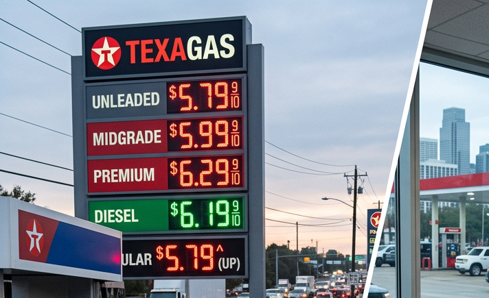 Gas station sign showing high fuel prices and executives counting large stacks of money labeled record profits, Q3 revenue, global oil earnings