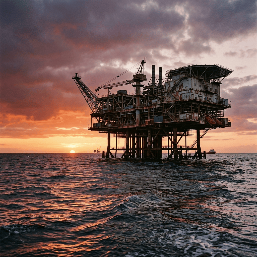 Oil platform in the ocean at sunset with waves and cloudy sky