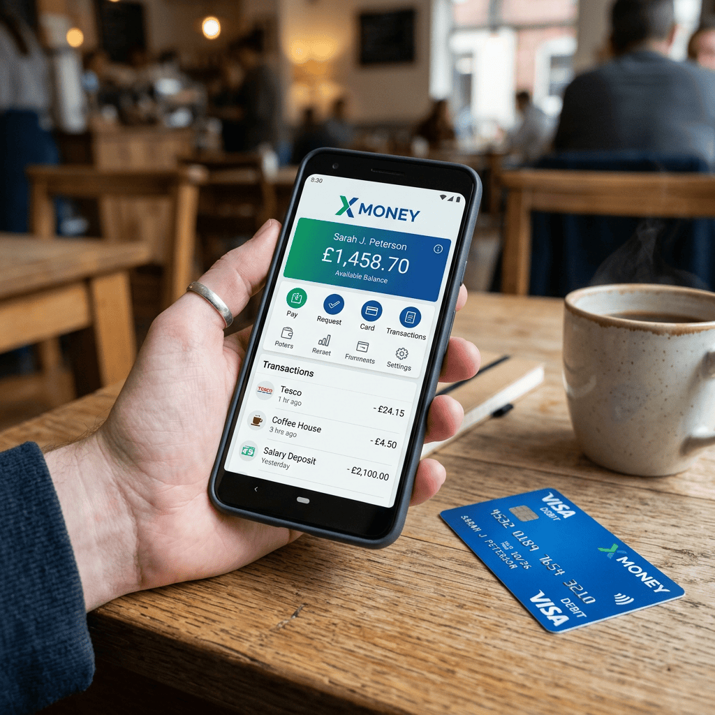 Mobile phone screen showing digital banking app with balance and recent transactions