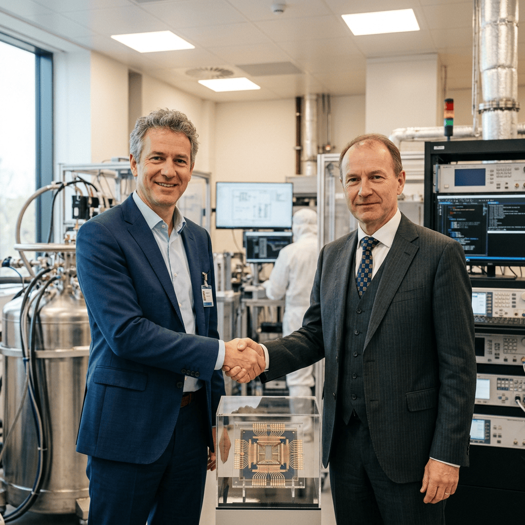 Two men in business suits shaking hands in a laboratory with technology equipment