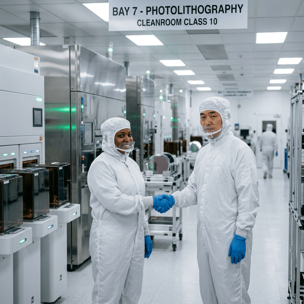 Two technicians in white cleanroom suits shaking hands inside a photolithography cleanroom with machinery around.