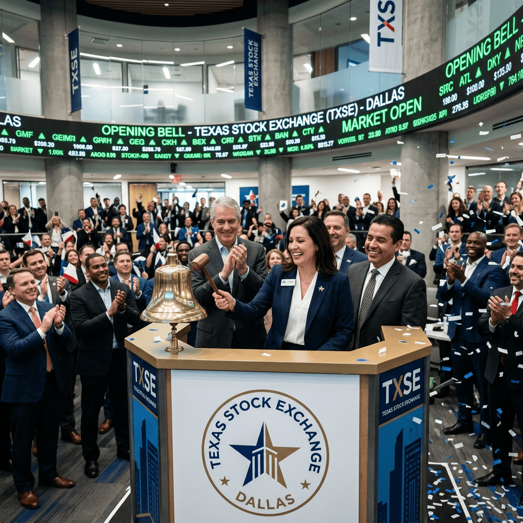Group of people celebrating as a woman rings the opening bell at Texas Stock Exchange in Dallas