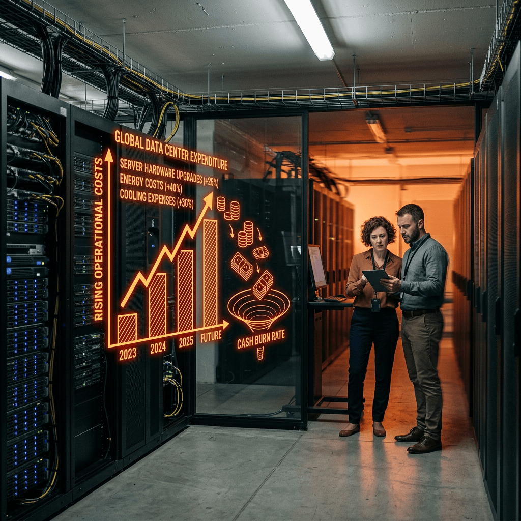 Two people standing in a data center near servers with a graph showing rising global data center costs and cash burn rate.