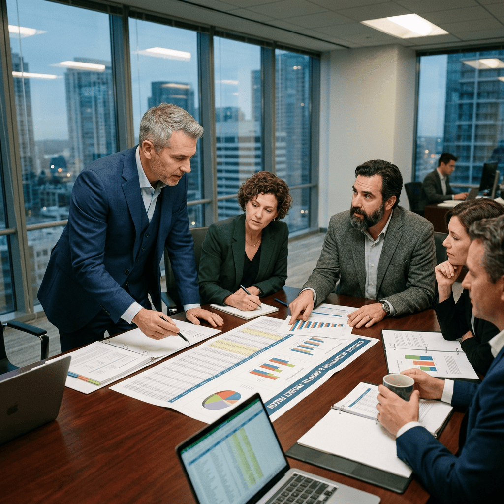 Five professionals reviewing charts and spreadsheets during a business meeting