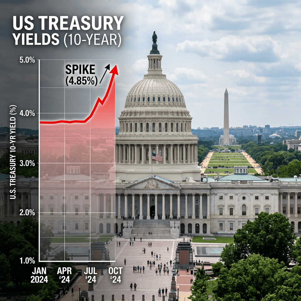 Line graph showing US Treasury 10-year yields rising sharply to 4.85% by October 2024