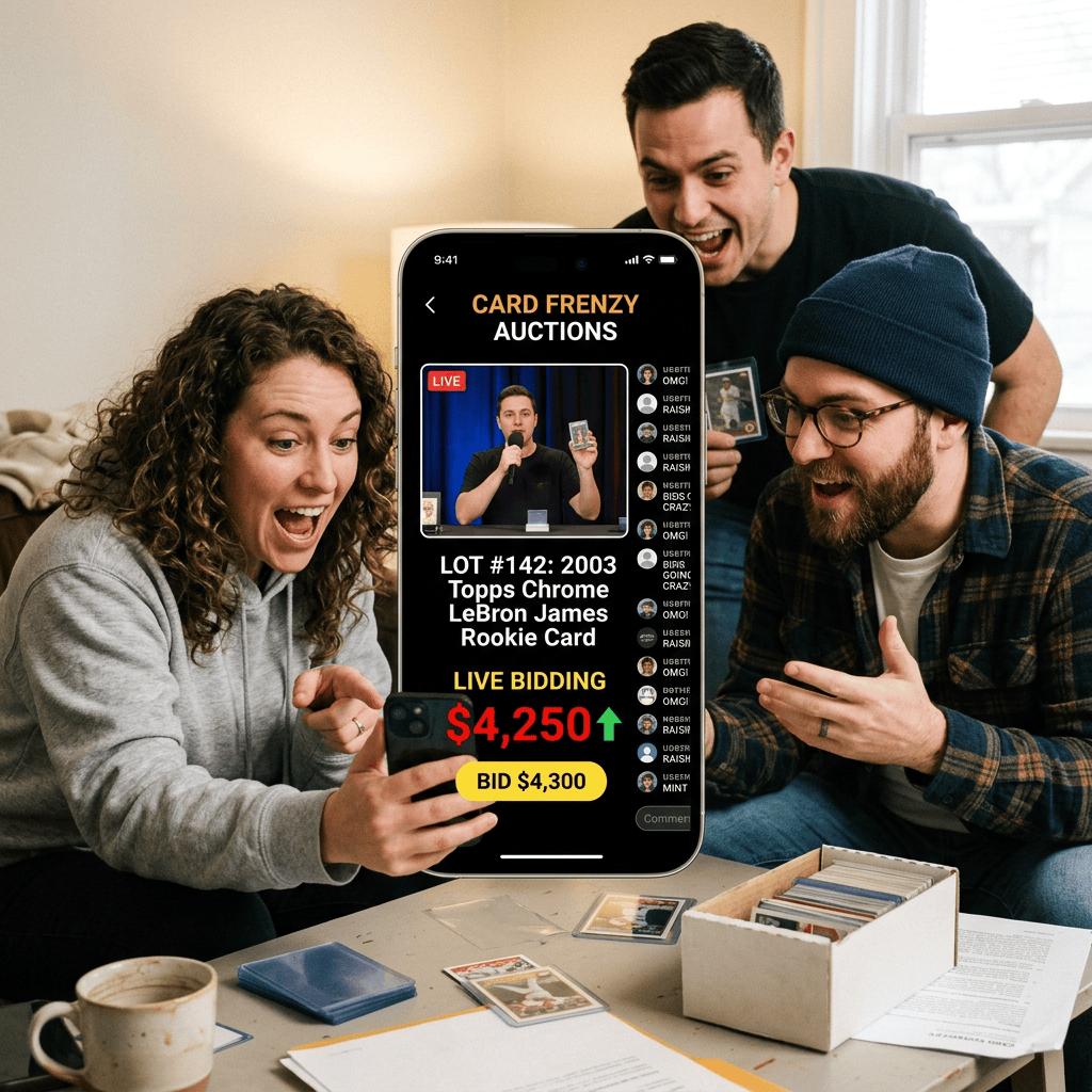 Three excited people viewing a live auction for a LeBron James rookie card on a mobile phone