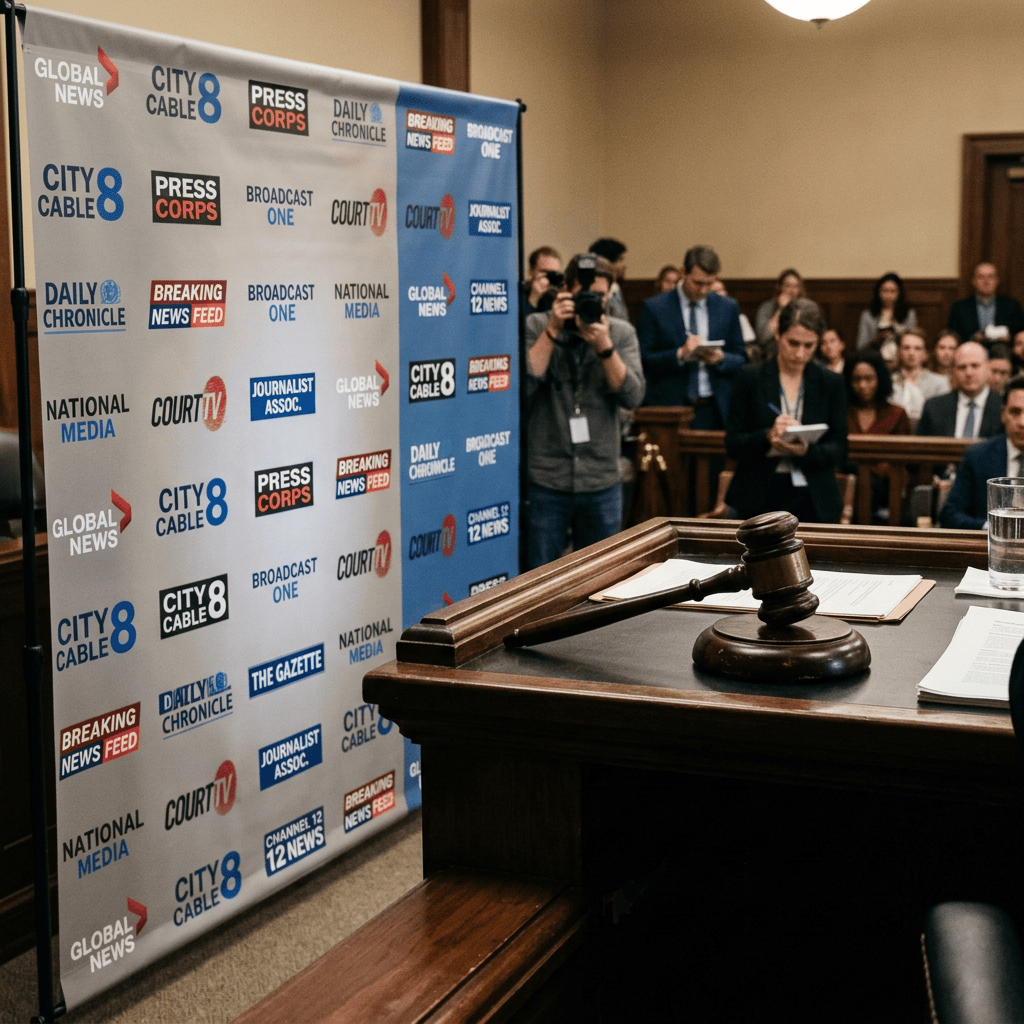 Courtroom scene with gavel on judge's desk and media members in background