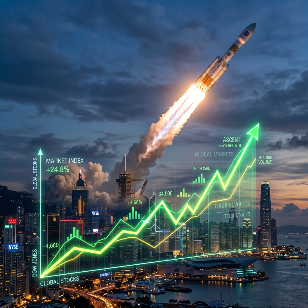 Rocket launch over city skyline with upward trending stock market graphs