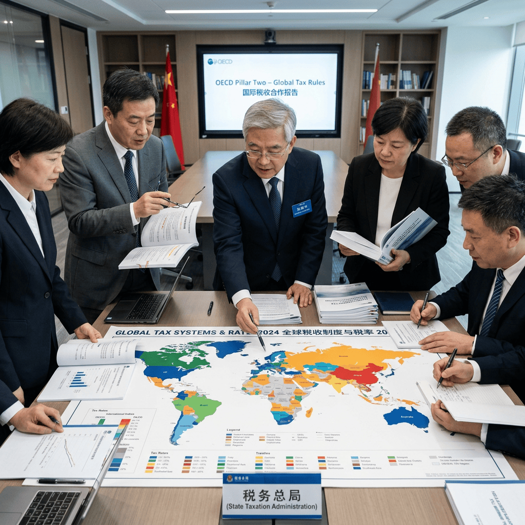 Group of officials examining a global tax systems and rates map at a conference table