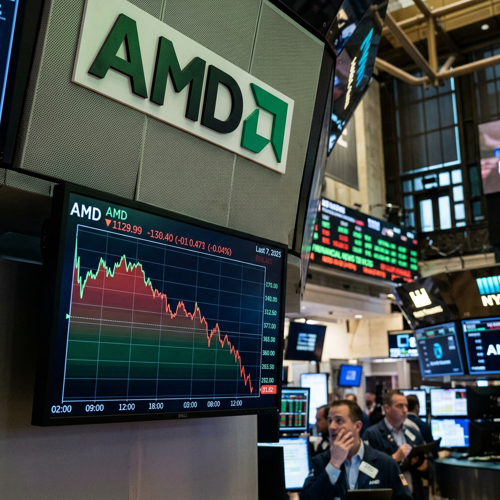 Screen displaying AMD stock price chart with downward trend