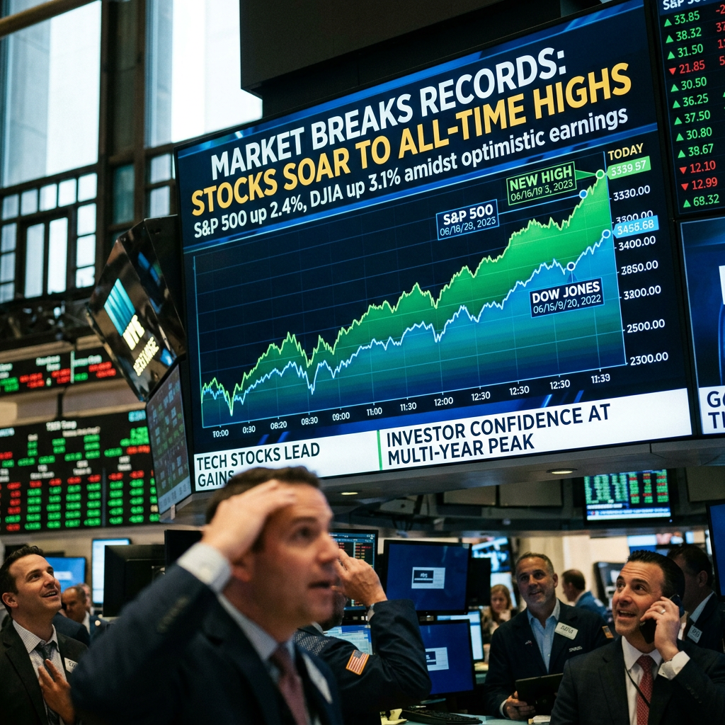 Rising stock charts with record high headlines